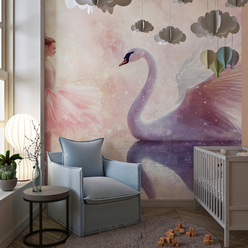 Ballet Swan Wallpaper in girl's bedroom with pink accents and flowing curtains