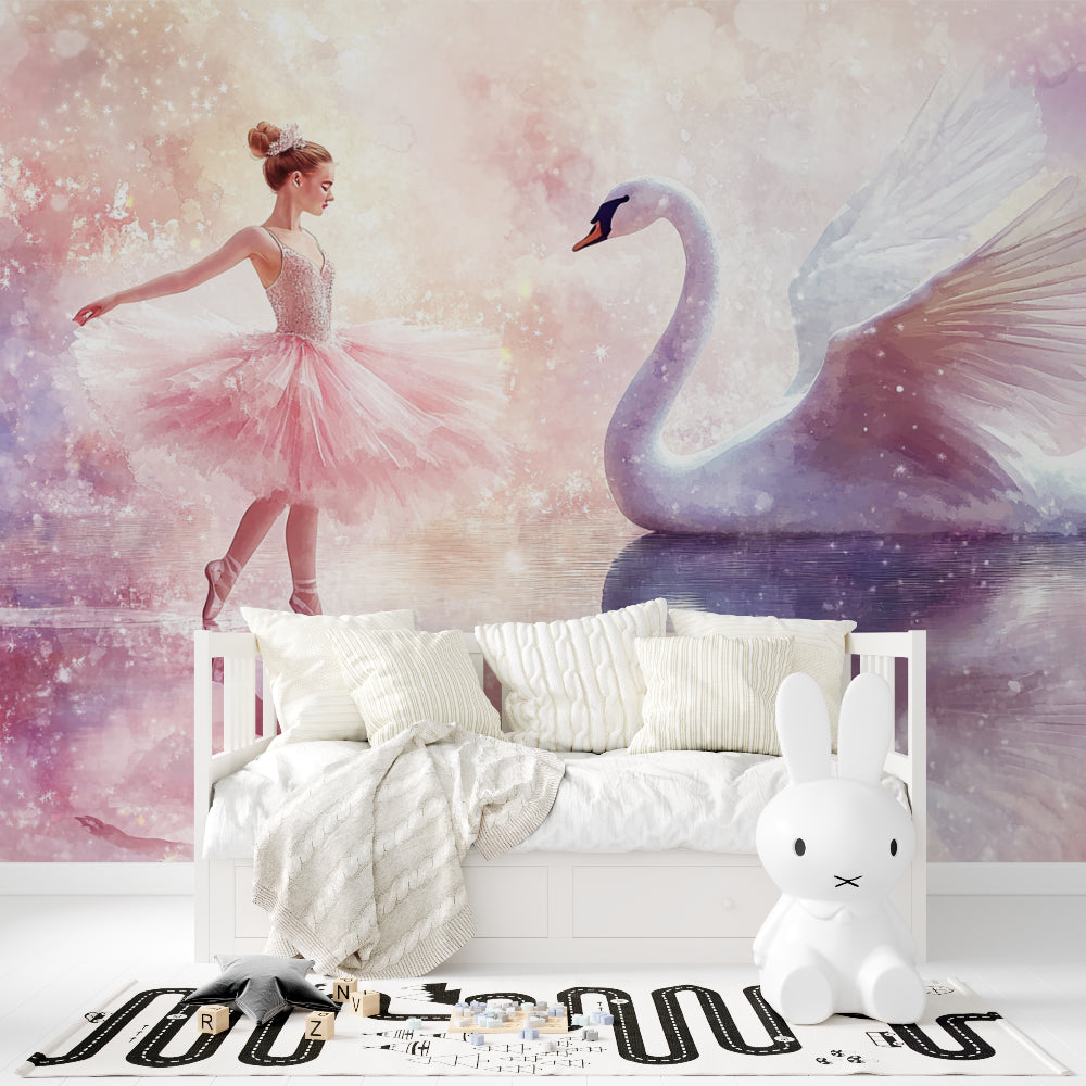 Pink Swan Ballet Wallpaper in nursery with white furniture