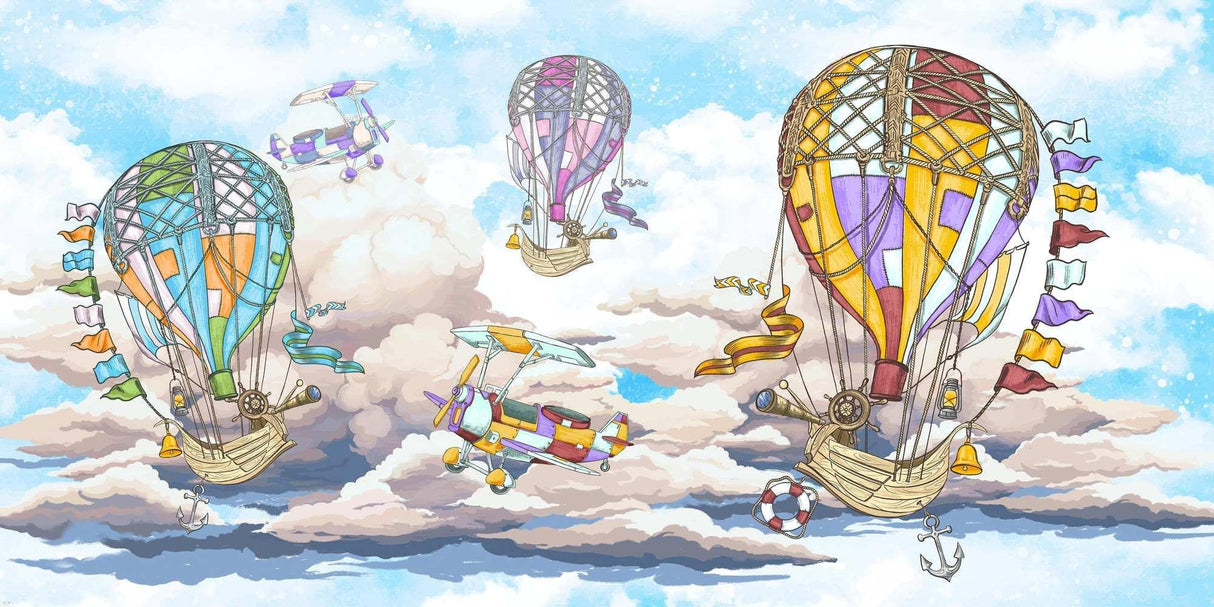Hot Air Balloon Mural Wallpaper | Adventure Sky with Vintage Aircraft