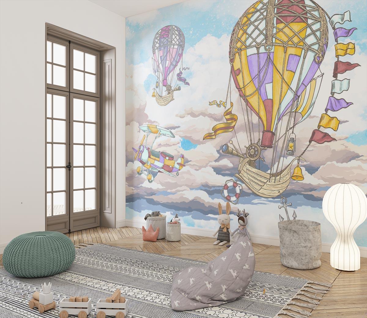 Hot Air Balloon Mural Wallpaper | Adventure Sky with Vintage Aircraft