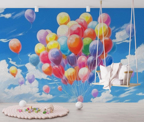 Balloon wallpaper mural in bright kids bedroom showing colorful floating balloons against blue sky