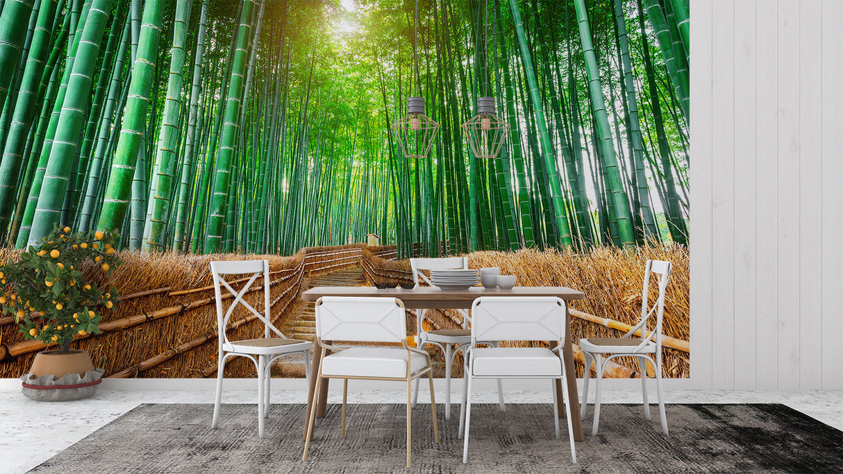 Bamboo forest wallpaper creating a peaceful atmosphere in a modern living room with natural light