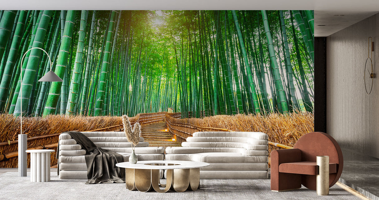 Japanese bamboo mural adding depth to a minimalist bedroom with white furniture