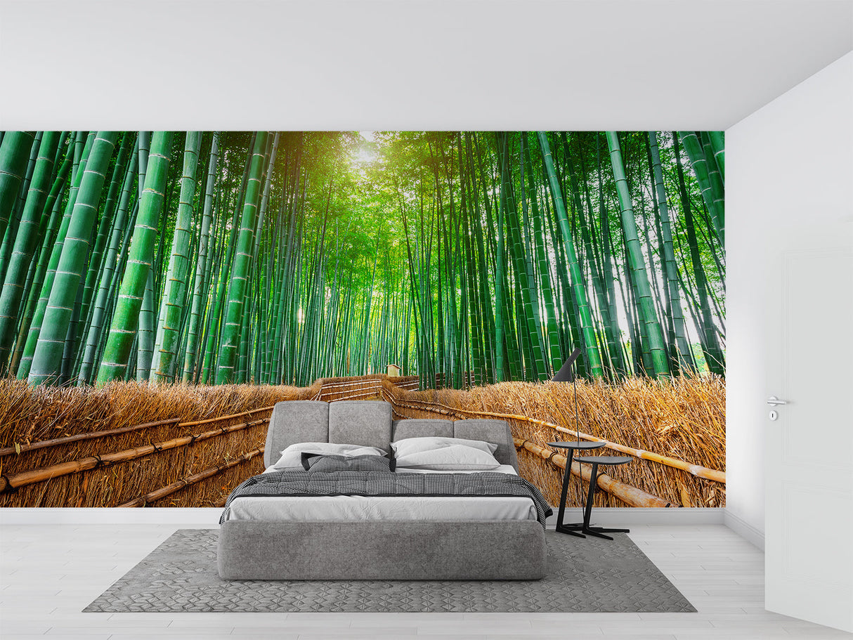 Bamboo path mural creating a focal point in a contemporary dining room