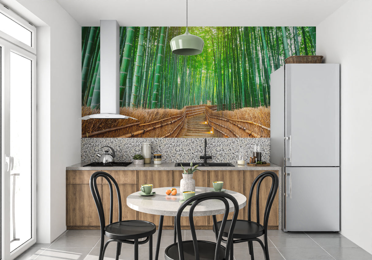 Bamboo forest wallpaper creating a peaceful atmosphere in a modern living room with natural light
