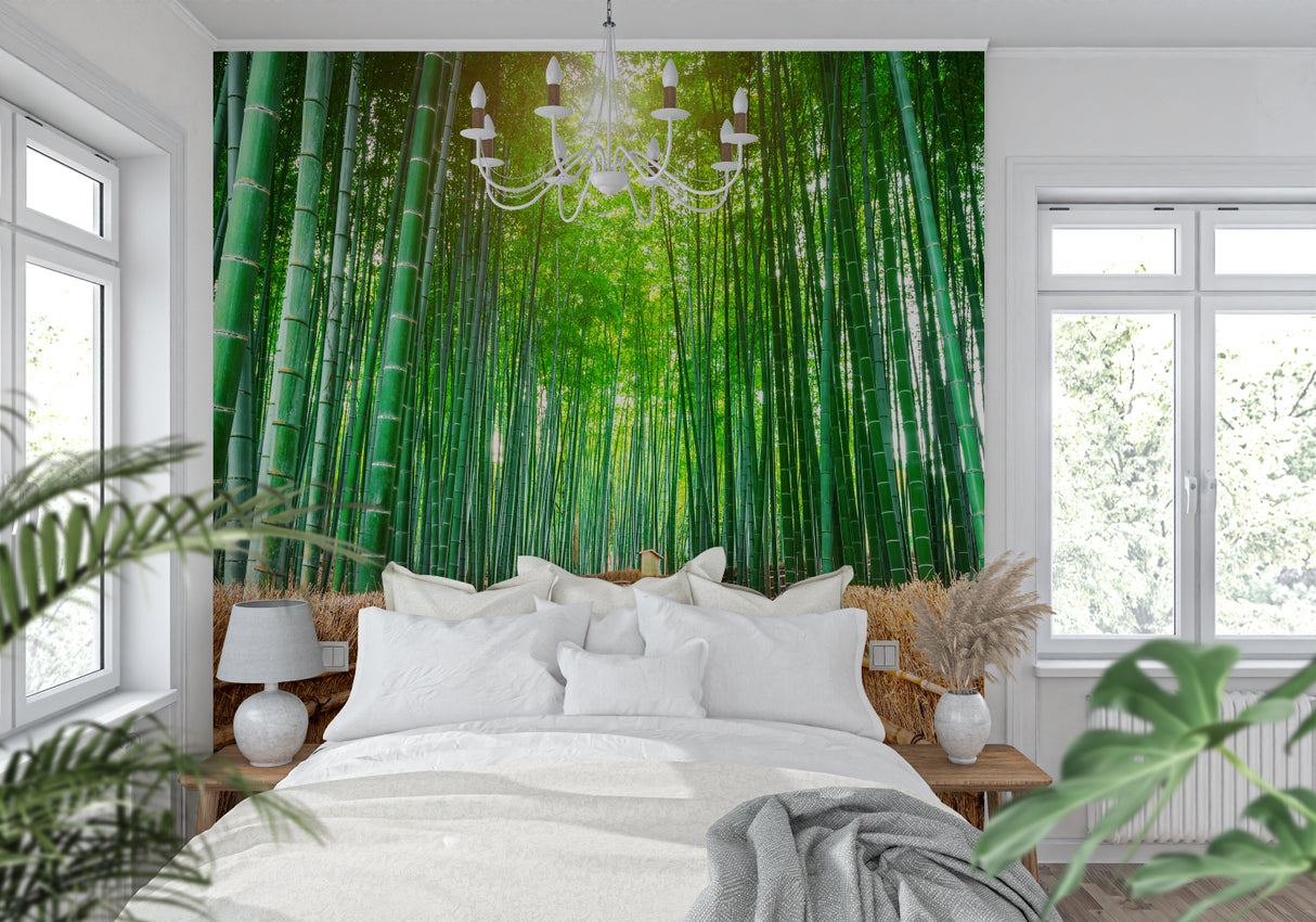 Japanese bamboo mural transforming a meditation room with zen garden path design