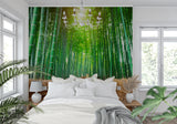 Japanese bamboo mural transforming a meditation room with zen garden path design