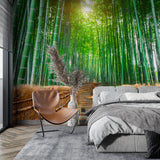 Bamboo forest wall mural bringing nature into a minimalist bedroom setting