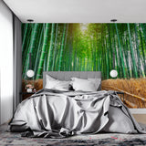 Zen garden wallpaper creating depth in a contemporary dining room space