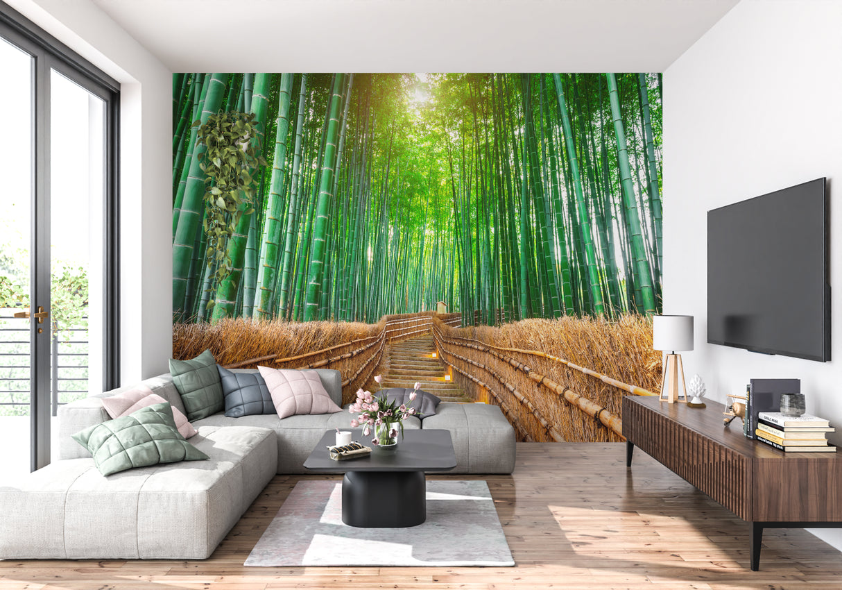 Japanese bamboo mural adding serenity to a home office environment