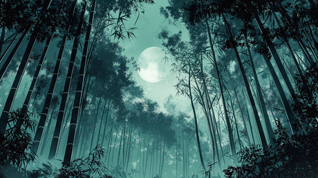 Japanese bamboo forest wallpaper design file showing mystical moonlit garden pattern
