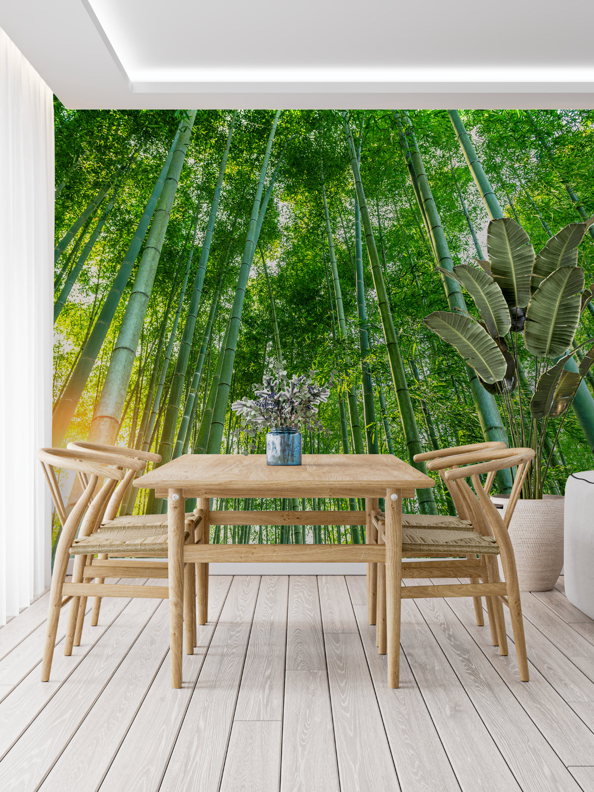 Japanese bamboo mural transforming meditation space with serene green tones
