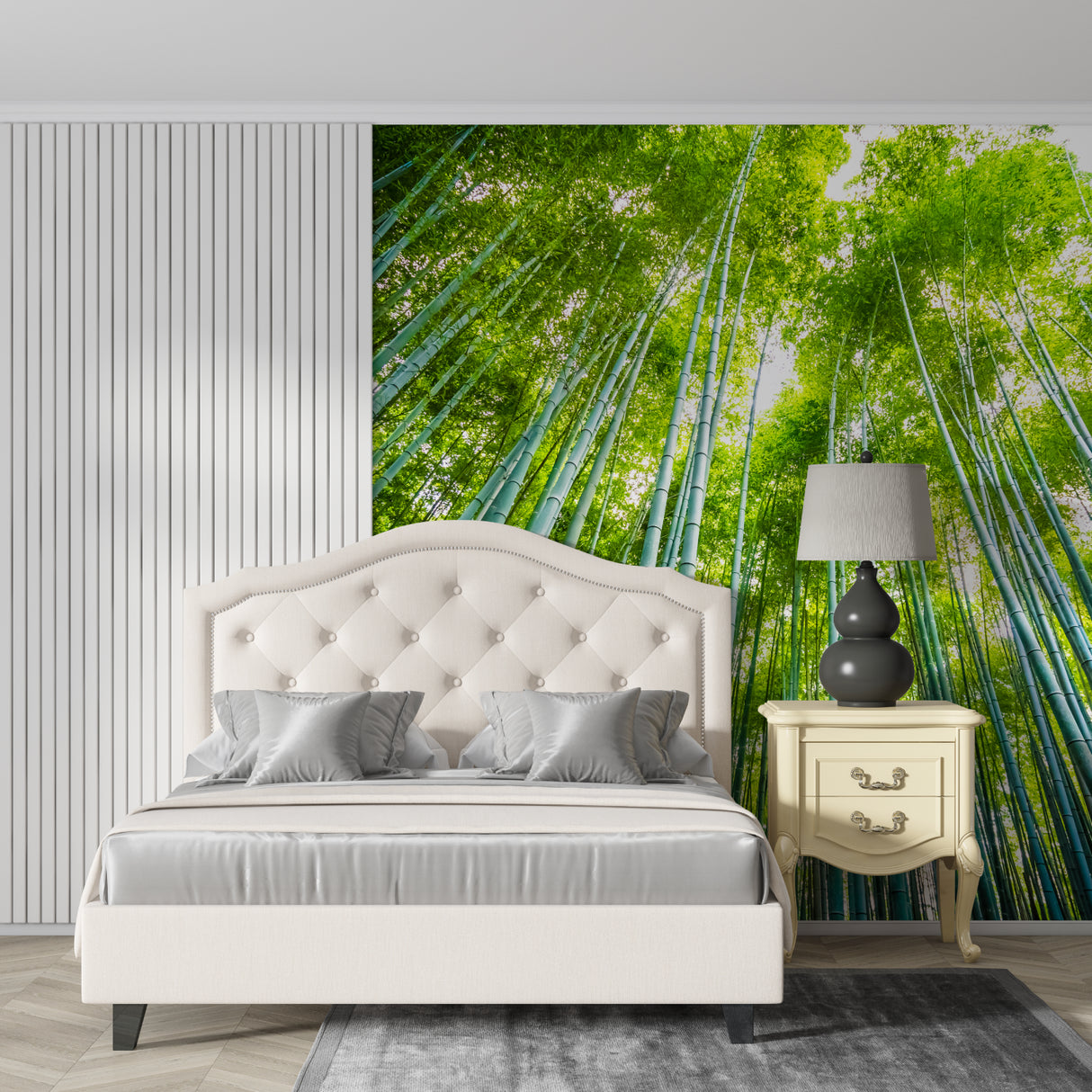 Bamboo forest wallpaper in modern living room creating zen atmosphere with tall green stems