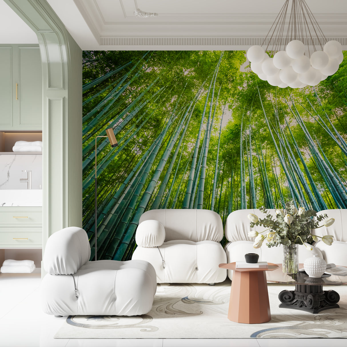 Japanese bamboo mural in meditation room with natural light
