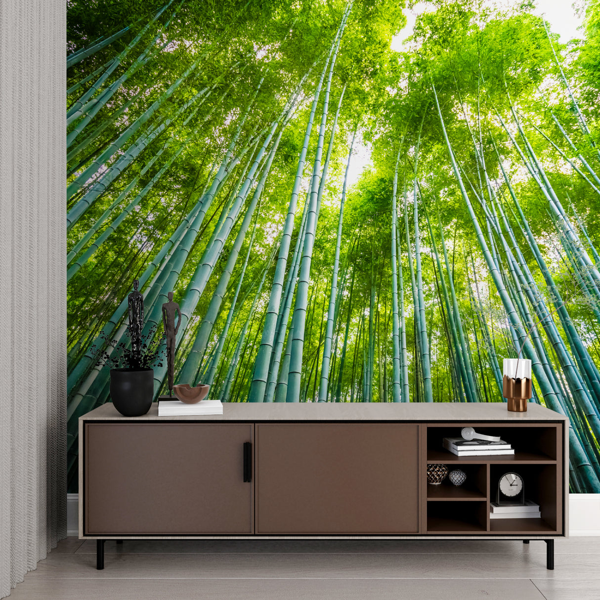 Bamboo grove wallpaper in home office showing height-enhancing effect