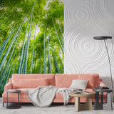 Green bamboo wall mural in dining room with soft filtered light
