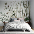 Bamboo forest wallpaper creating a serene atmosphere in a modern living room with natural light and minimal furniture