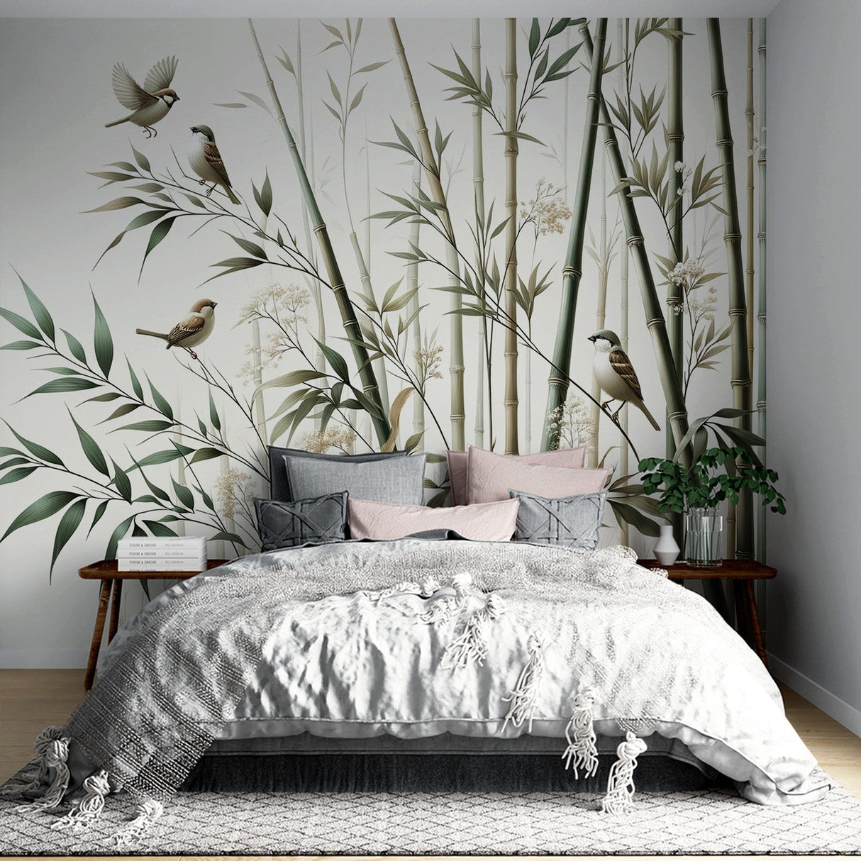 Bamboo forest wallpaper creating a serene atmosphere in a modern living room with natural light and minimal furniture