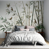 Bamboo forest wallpaper creating a serene atmosphere in a modern living room with natural light and minimal furniture