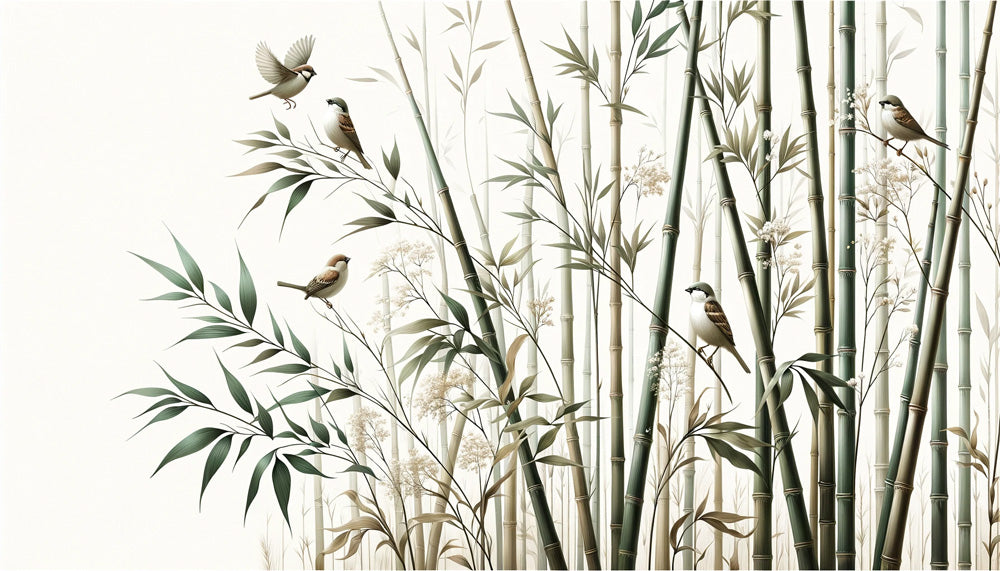 Asian garden birds and bamboo wallpaper design file showing intricate botanical pattern and delicate sparrows