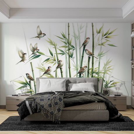 Bamboo and birds wallpaper creating a serene atmosphere in a modern living room with natural light