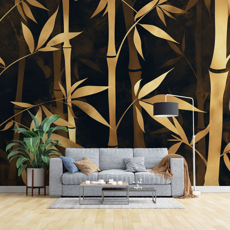 Black and gold bamboo wallpaper creating a luxurious atmosphere in a modern dining room with ambient lighting