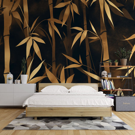 Black and gold bamboo wallpaper creating a luxurious atmosphere in a modern dining room with soft lighting