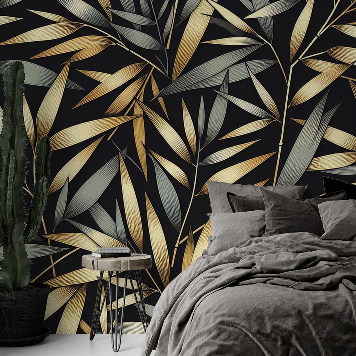 Black and gold bamboo wallpaper creating dramatic impact in modern dining room with pendant lighting