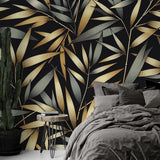 Black and gold bamboo wallpaper creating dramatic impact in modern dining room with pendant lighting