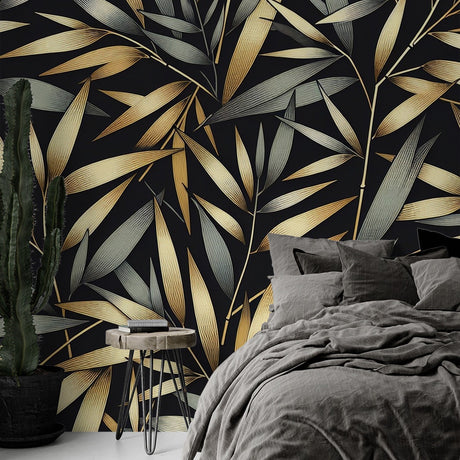 Black and gold bamboo wallpaper creating dramatic impact in modern dining room with pendant lighting