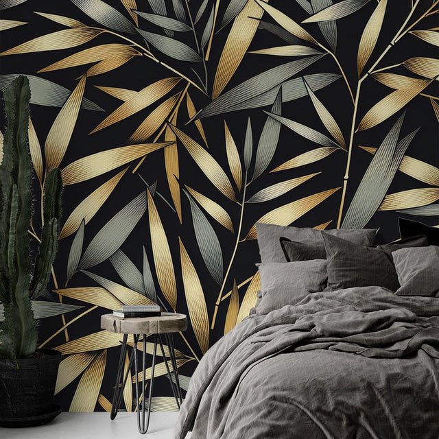Black and gold bamboo wallpaper creating dramatic impact in modern dining room with pendant lighting