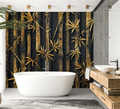 Black and gold bamboo wallpaper creating a luxurious atmosphere in a modern dining room with pendant lighting