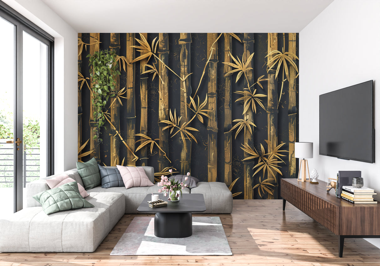 Black and gold bamboo wallpaper creating drama in a modern dining room with pendant lights