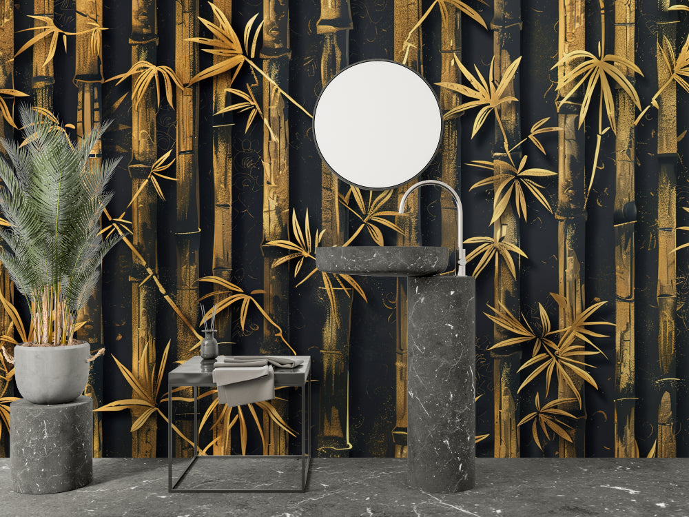 Oriental bamboo wall mural adding elegance to a master bedroom with minimal furniture