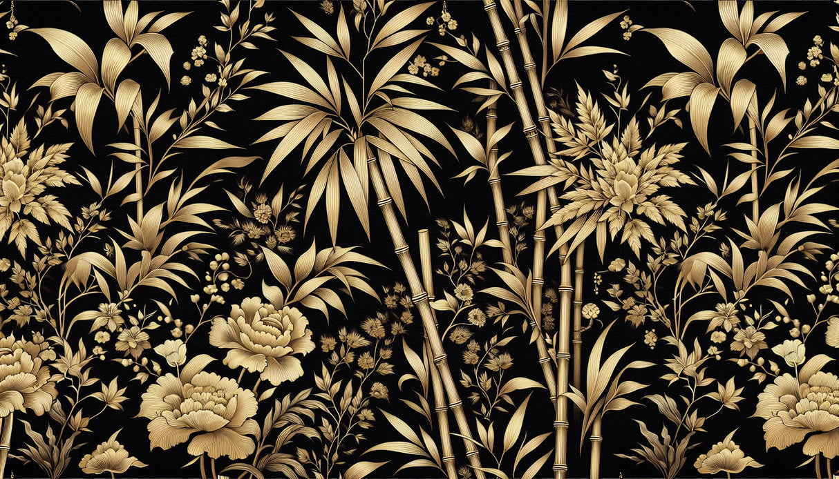 Oriental bamboo and peony design file with intricate gold details on black background