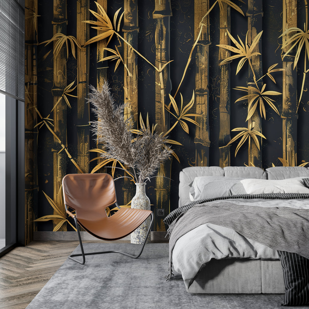 Oriental bamboo mural adding luxury to a master bedroom with gold accents