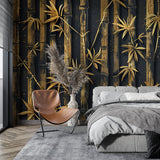 Oriental bamboo mural adding luxury to a master bedroom with gold accents
