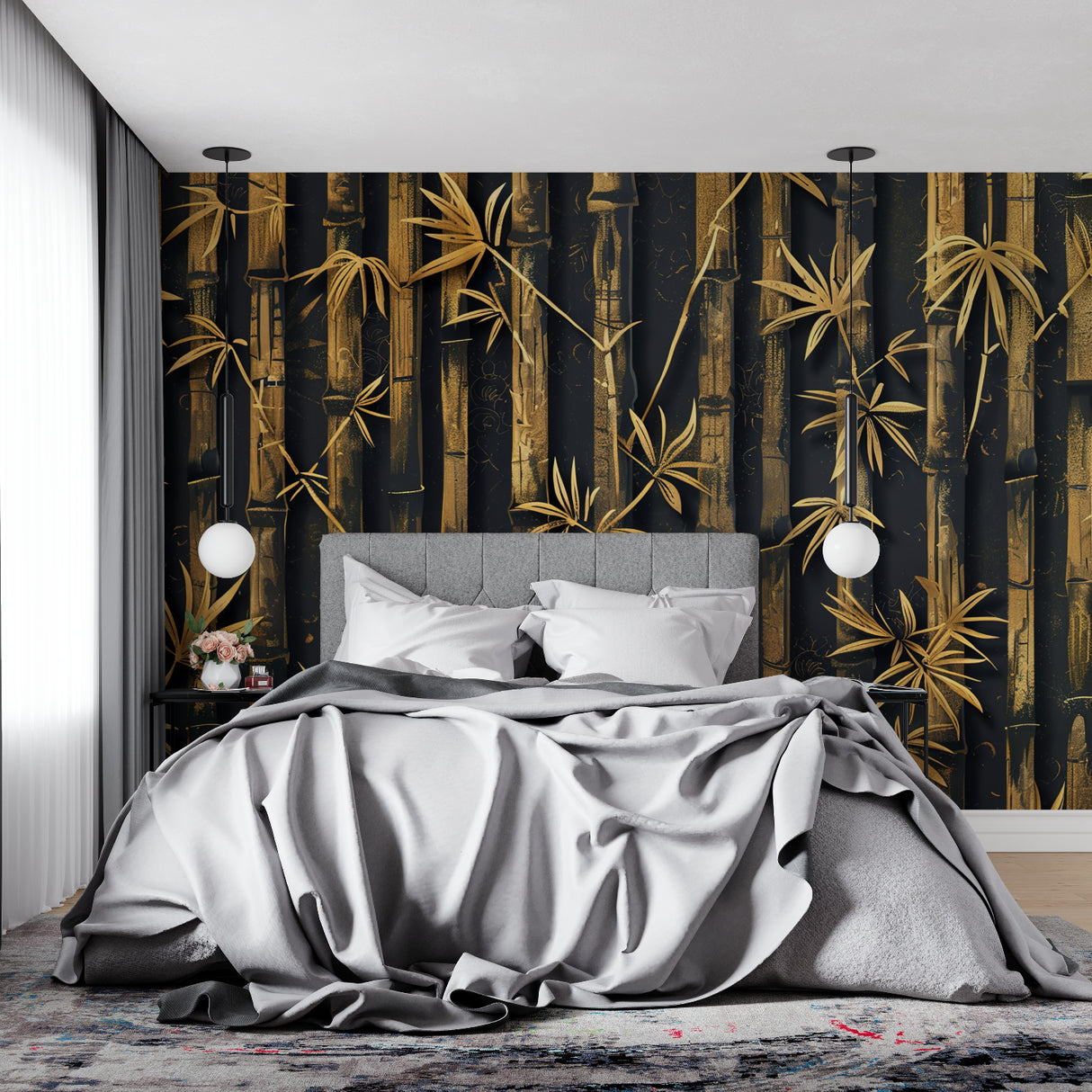 Bamboo wall mural transforming an entry hallway with striking vertical lines