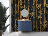 Black and gold bamboo mural creating depth in an upscale bathroom design