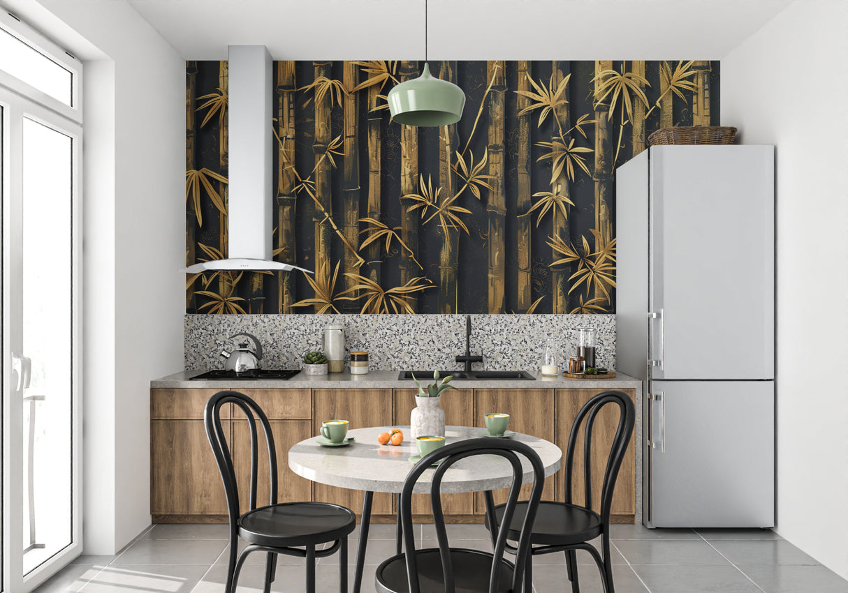 Black and gold bamboo design making a statement in a contemporary living room
