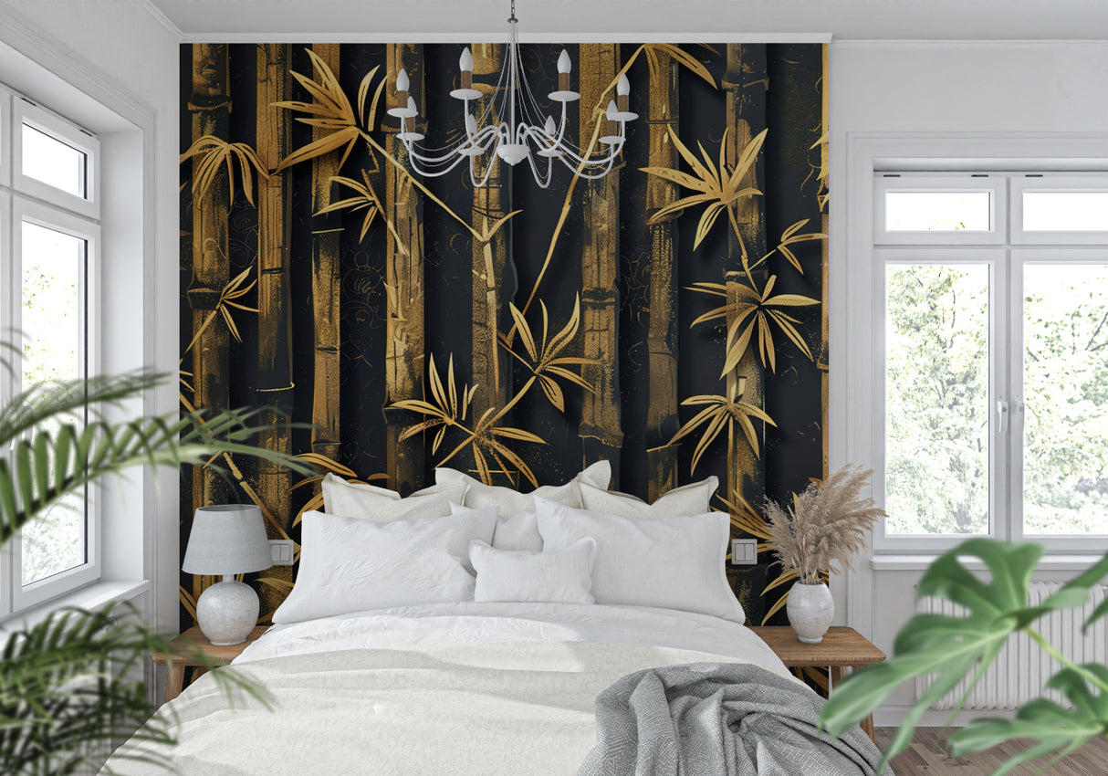 Asian-inspired bamboo pattern enhancing a minimalist home office space