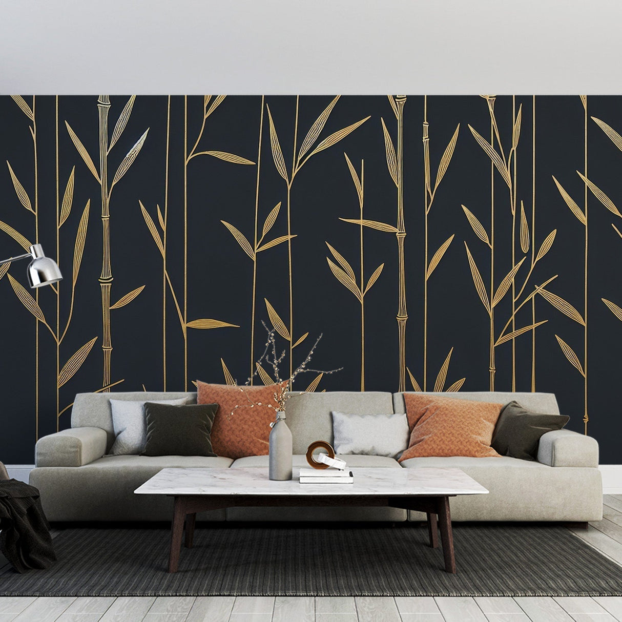 Black and gold bamboo wallpaper creating dramatic impact in modern dining room with pendant lighting