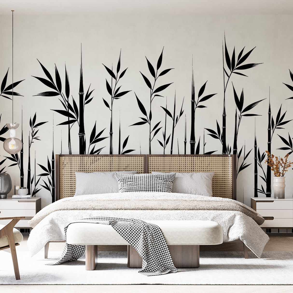 Black and white bamboo wallpaper creating a zen atmosphere in a modern minimalist living room with natural light