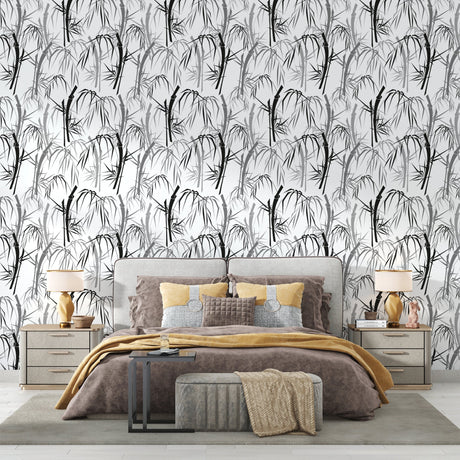 Black and white bamboo wallpaper creating a zen atmosphere in a modern living room setting