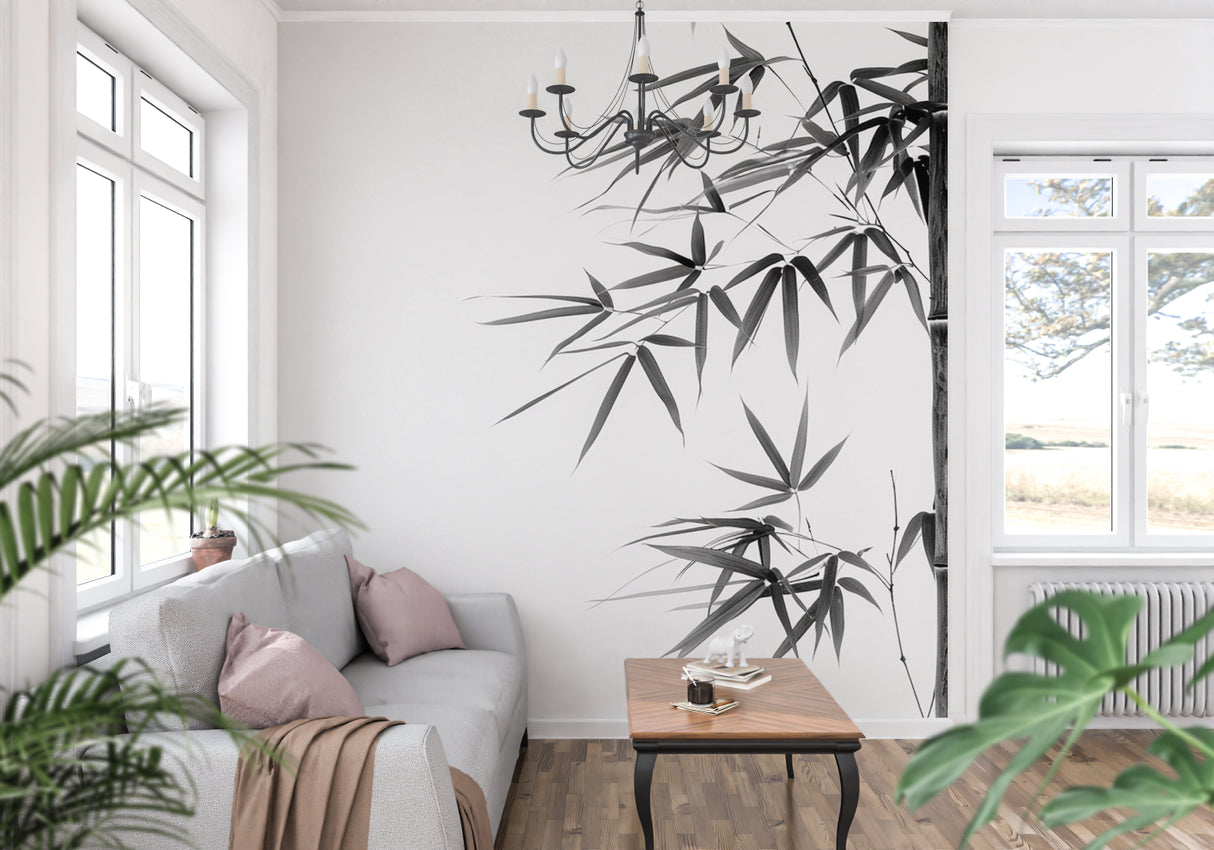 Black and white bamboo wallpaper in modern minimalist living room with natural light