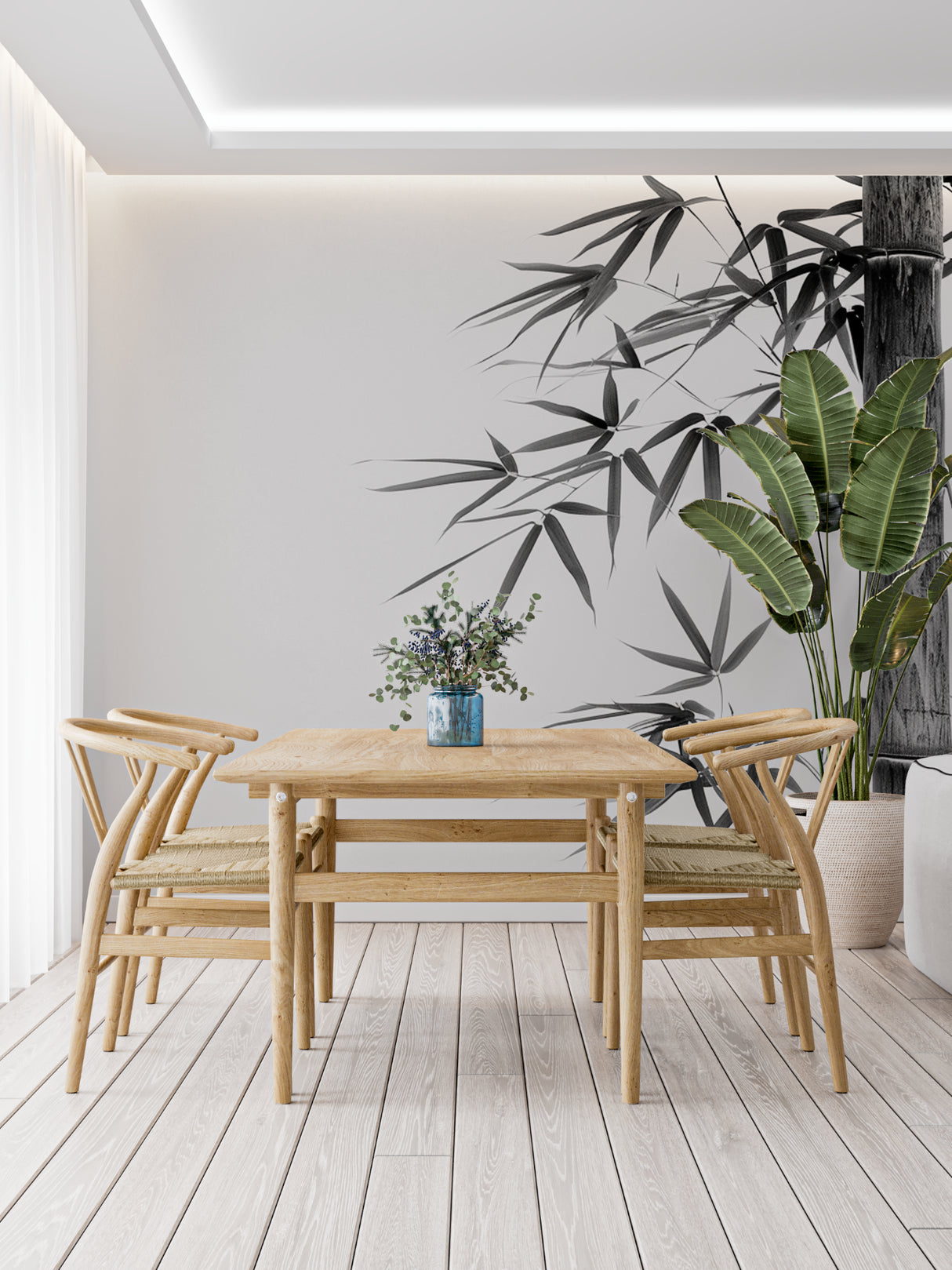 Zen bamboo wall mural creating peaceful dining room atmosphere