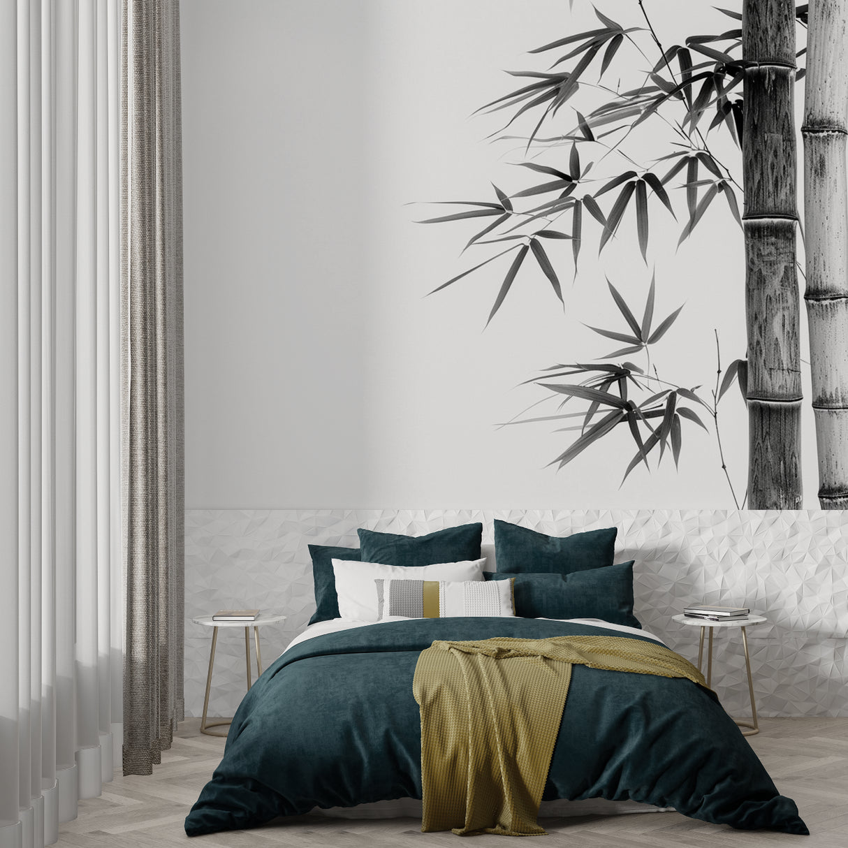 Japanese style bamboo mural in contemporary bedroom setting