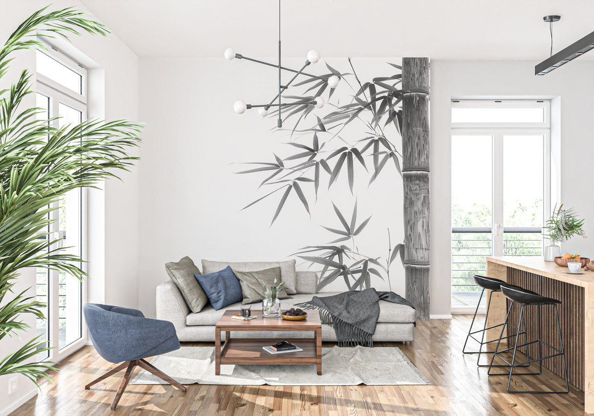 Black and white bamboo wallpaper enhancing home office space