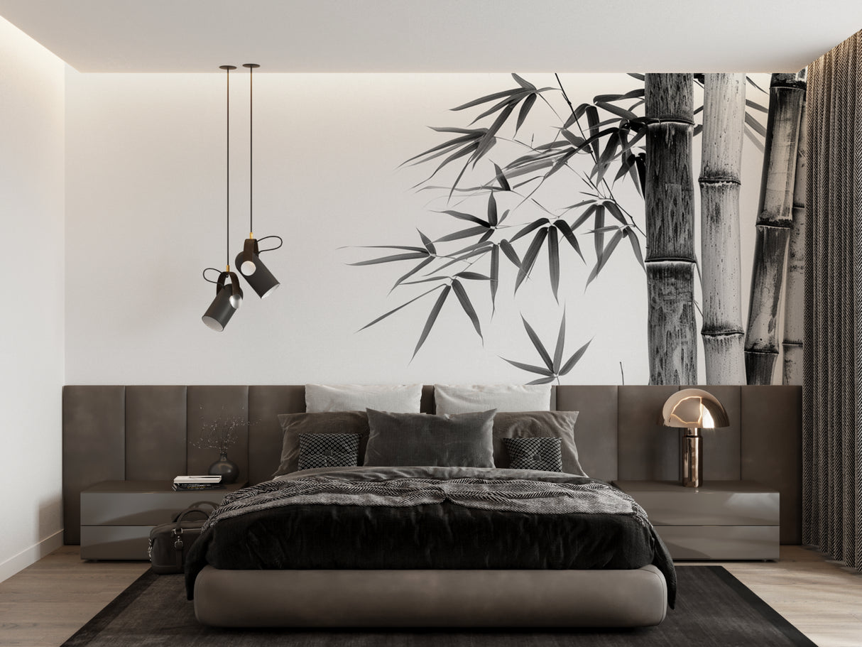 Asian style bamboo mural creating focal point in meditation room