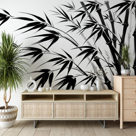 Black and white bamboo wallpaper creating a peaceful zen atmosphere in a modern minimalist living room